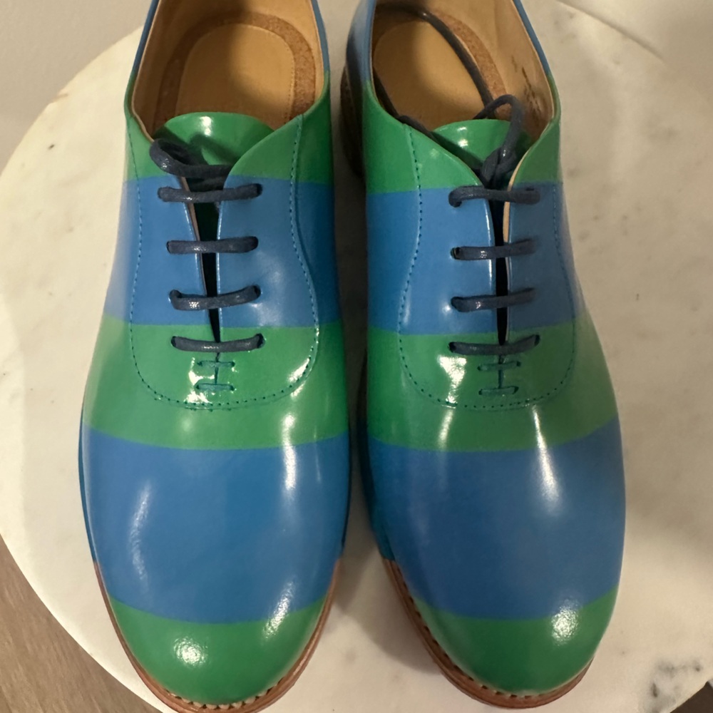 The Office of Angela Scott Blue & Green striped Oxfords Size 36; never worn.